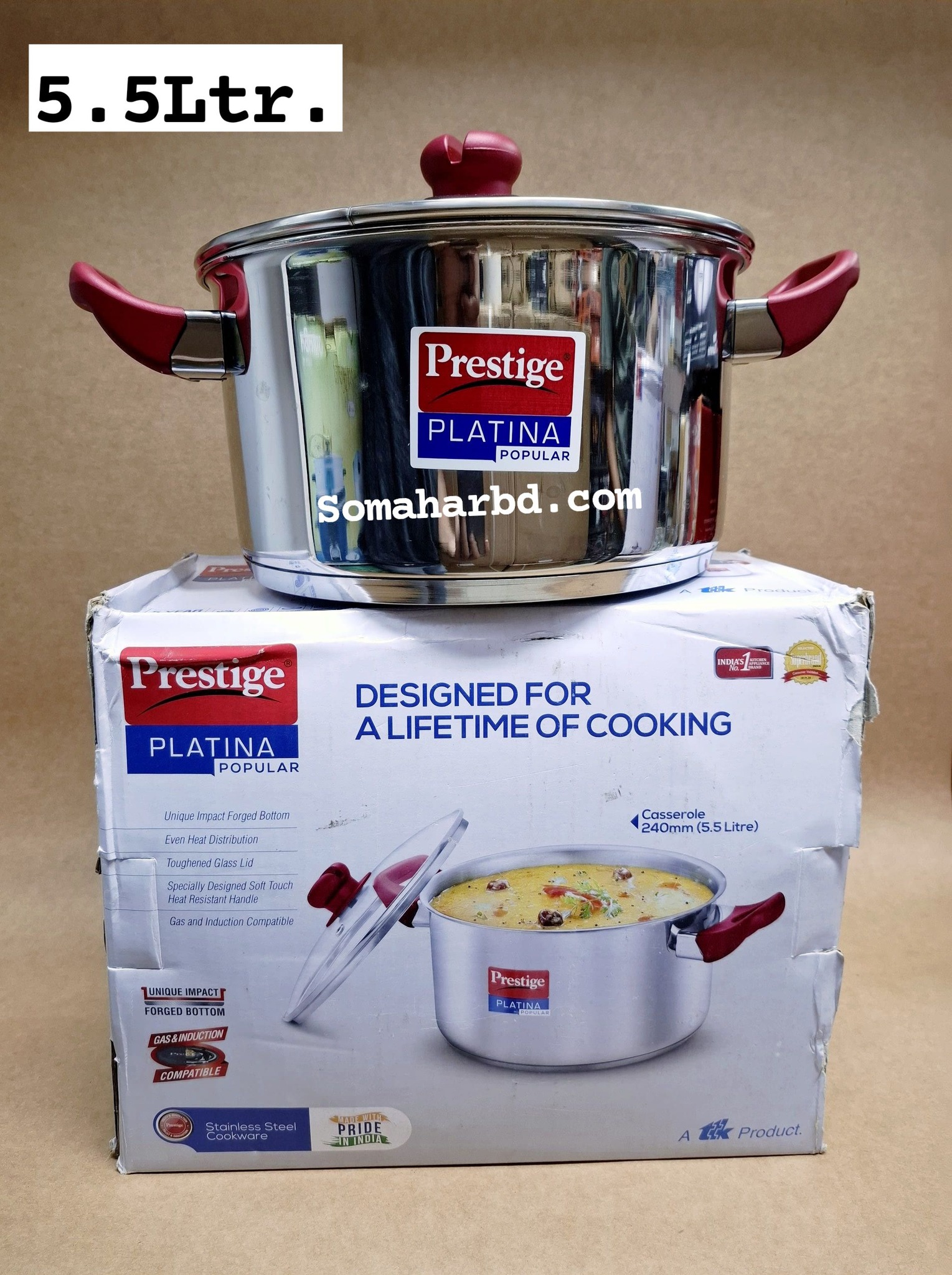 5.5-Ltr Prestige Platina Popular Stainless Steel Casserole/Saucepan Handi with Glass Lid. - Image 2