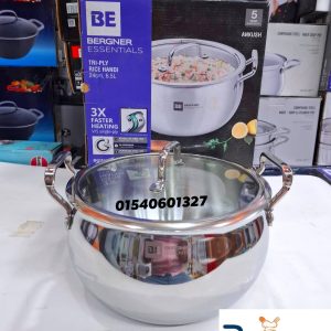 BERGNER Essentials Tri-Ply Stainless Steel Rice Handi 24cm/6.5Ltr Glass Lid.