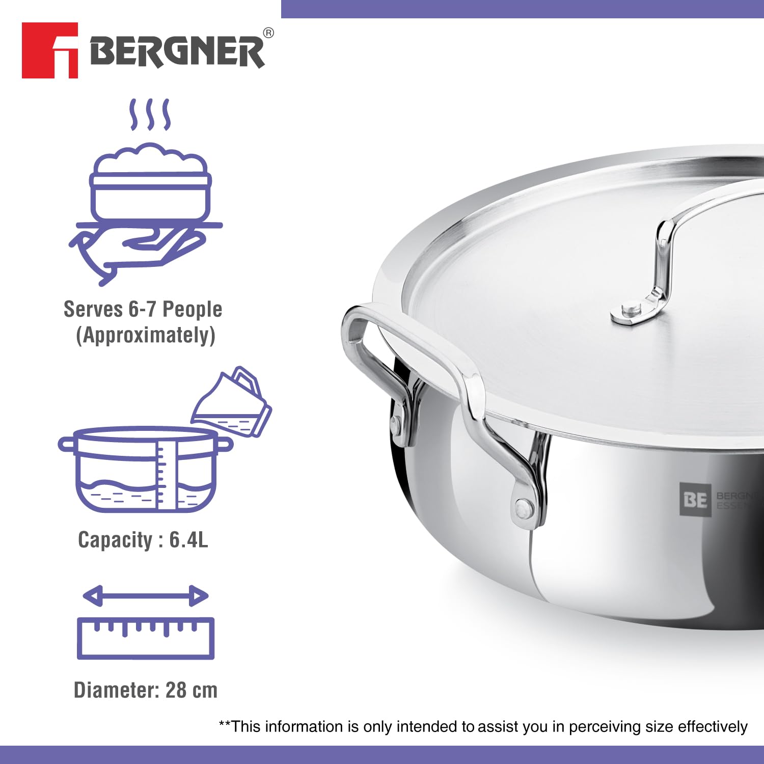 Bergner Essentials TriPly Stainless Steel 28cm/5.8L Biryani Handi with Stainless Steel Lid. - Image 4