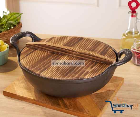 Chinis Pre-Seasoned Cast Iron Korai/Kadai with Wooden Lid 26cm.