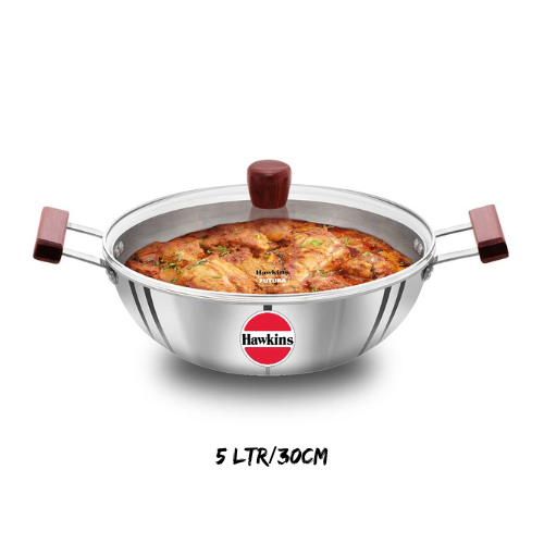 Hawkins 5-Liter Deep Kadhai/Korai Triply Stainless Steel with Glass Lid.
