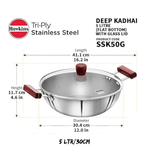 Hawkins 5-Liter Deep Kadhai/Korai Triply Stainless Steel with Glass Lid. - Image 2