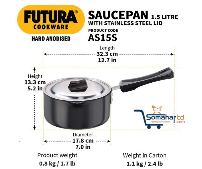 Futura HardAnodised Sauce Pan/Tpan with Lid, 1.5Ltr Induction. - Image 2
